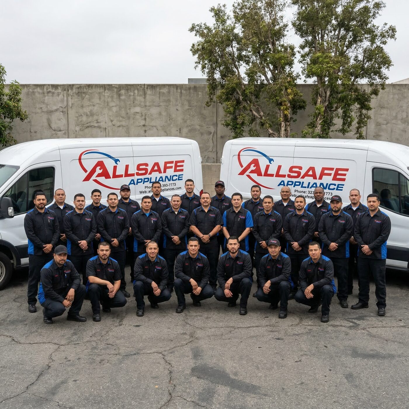 The Allsafe Appliance team with their service vans in Los Angeles
