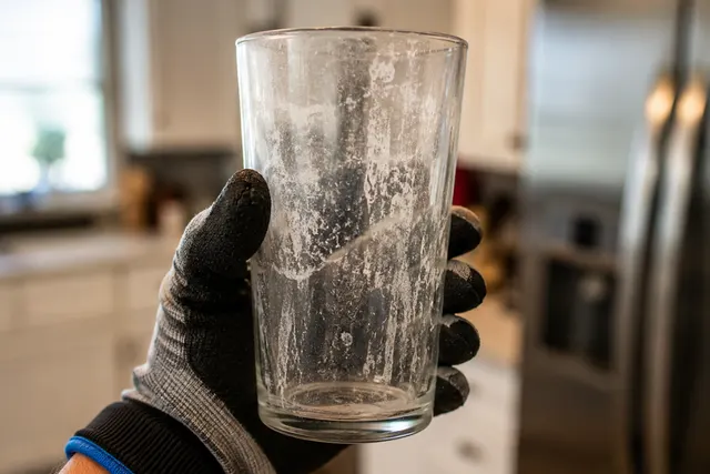 Hand holding a drinking glass covered in cloudy white film from the dishwasher