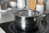 Stainless steel pot sitting on an induction stove not working in a kitchen