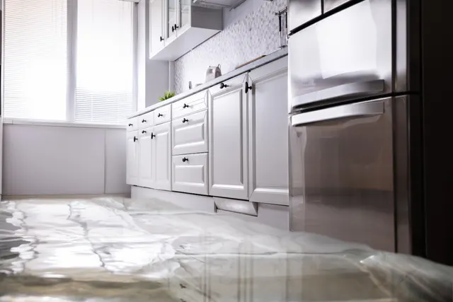 Water pooling across a kitchen floor next to a stainless steel refrigerator with an ice maker leaking
