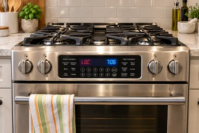 Stainless steel gas range with LOC illuminated on the oven control display